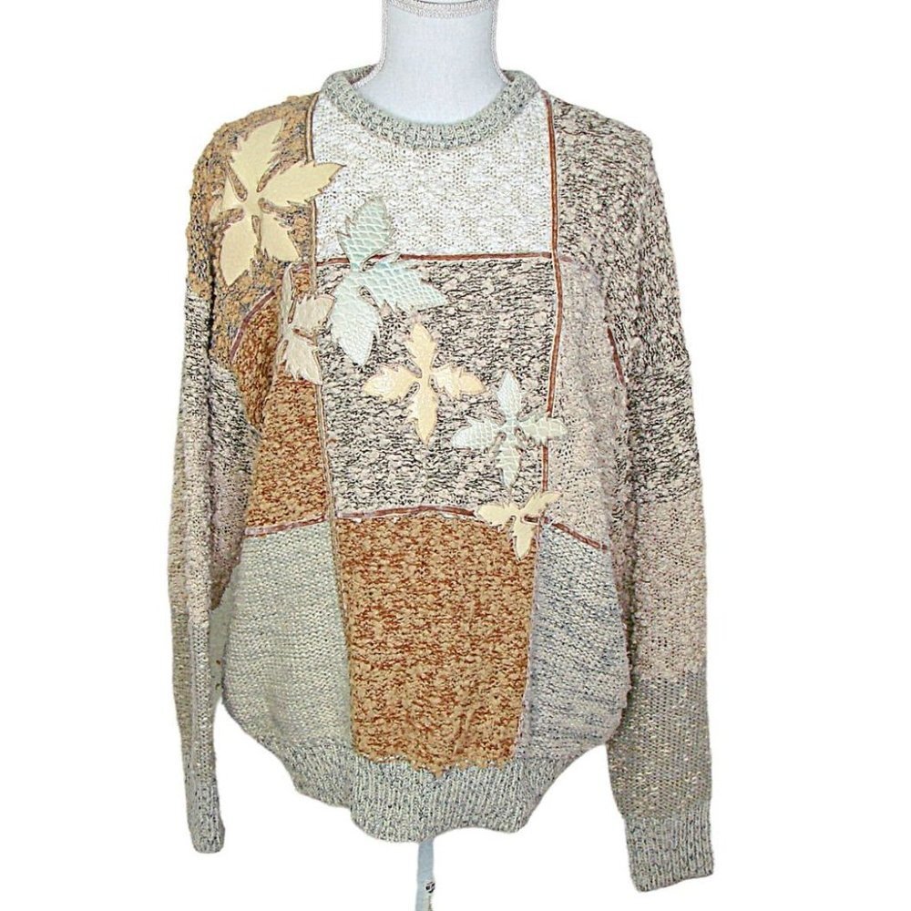 Vintage Y2k Kocal Womens Leaf Fall Theme Colorblock Sweater Tans Mint Green Sz L